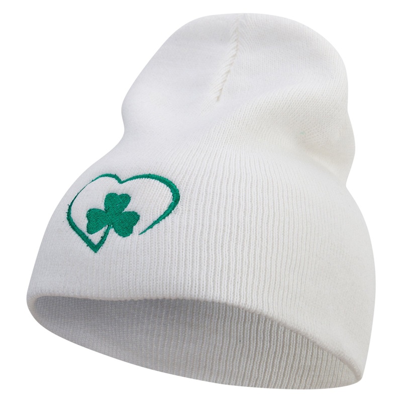 Made in USA Heart Shaped Clover Embroidered 8 Inch Solid Knit Short Beanie White One Size
