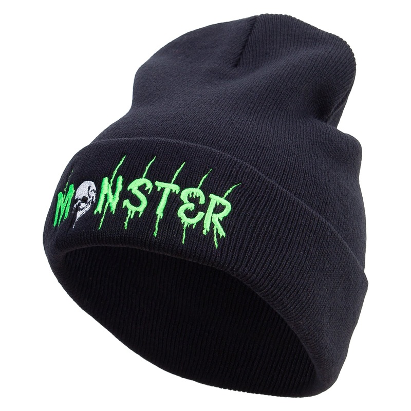 Skull Monster Embroidered 12 Inch Long Knitted Beanie Black One Size