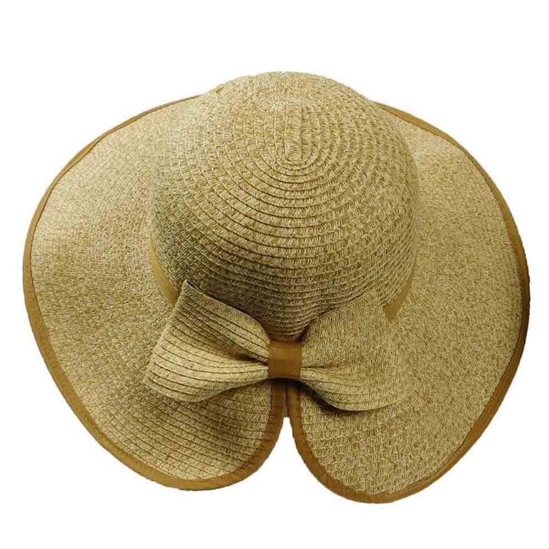 Split Brim Summer Hat with Bow – Boardwalk Style Beach Hats Tan Tweed Medium (57 cm)