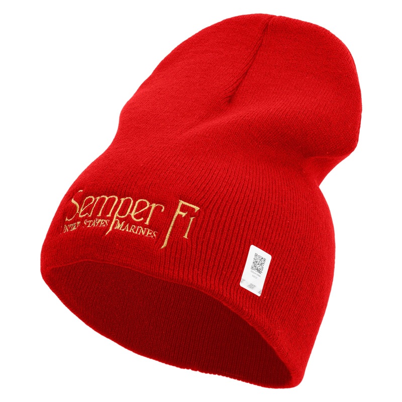 United States Marines Semper Fi Symbol Embroidered 8 Inch Solid Knit Short Beanie Made in USA Red One Size