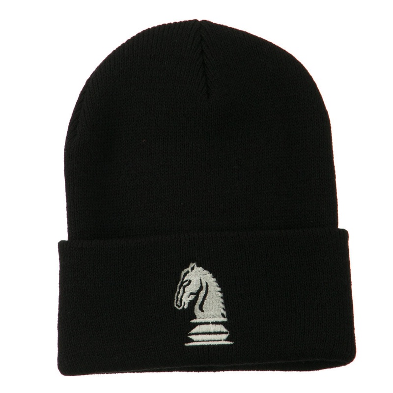 Chess Knight Embroidered Long Beanie Black One Size