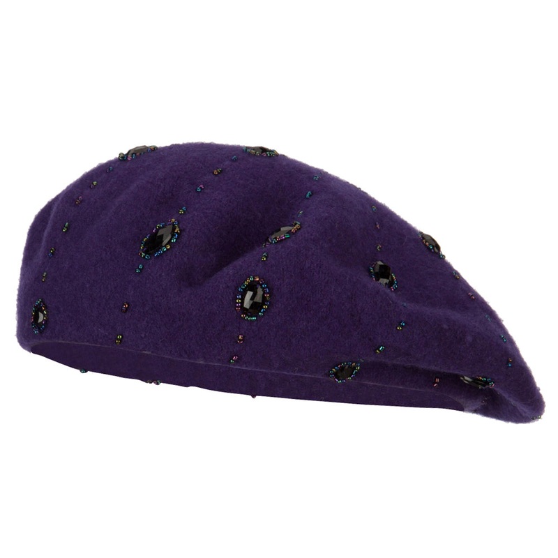 Ladies Starburst Beaded Trim Wool Beret Purple One Size
