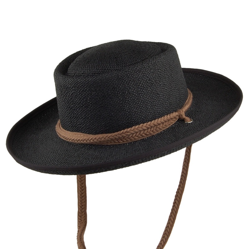 Scala Hats Jesolo Toyo Gaucho Sun Hat With Braided Cotton Chin Strap – Black 1-Size