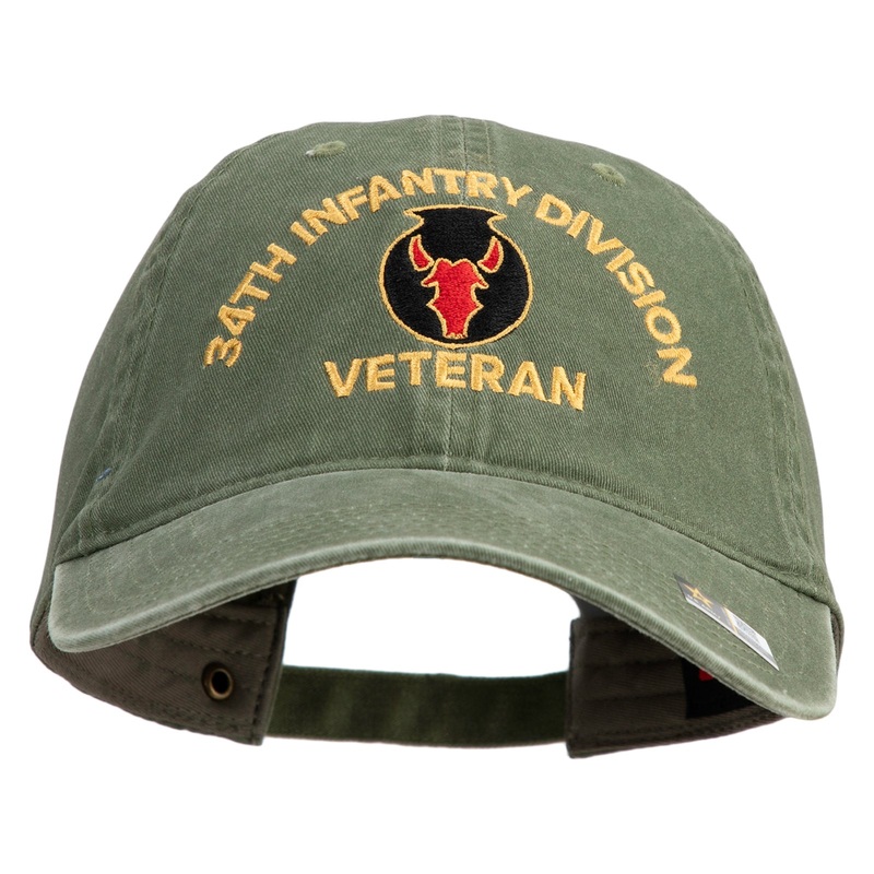 U.S. Army 34th Infantry Division Embroidered Washed Solid Pigment Dyed Cotton Twill Brass Buckle Cap Olive One Size