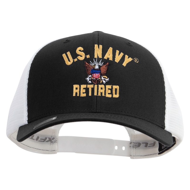 US Navy Retired Embroidered Flexfit 2 Tone Mesh Cap Black White One Size