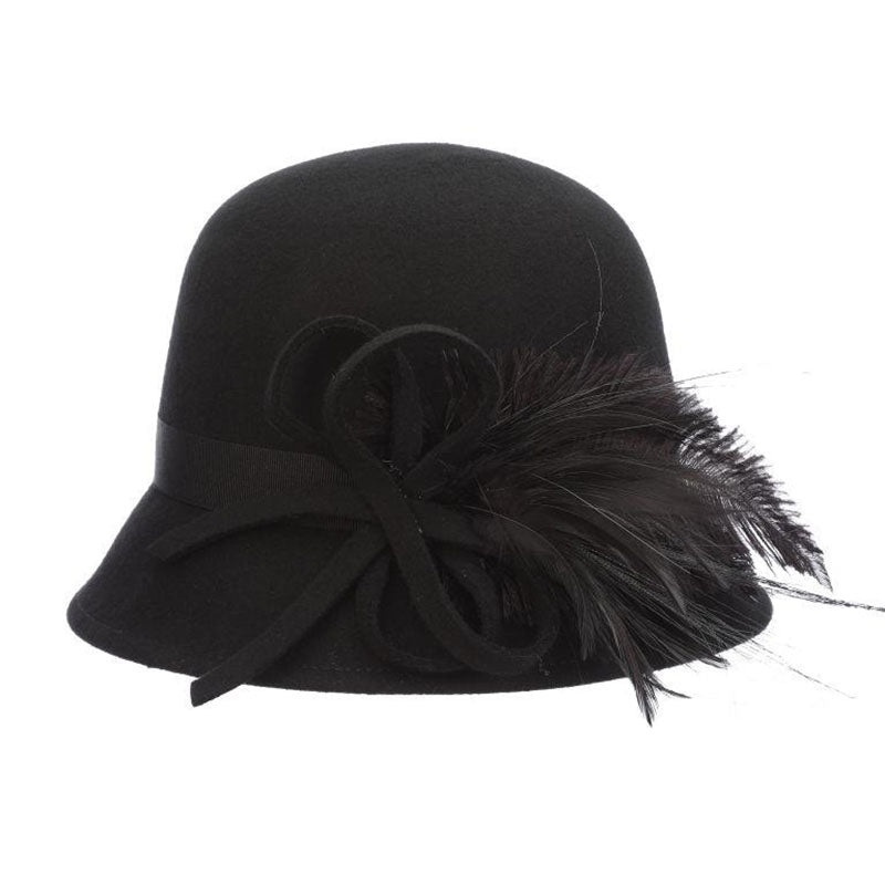 Wool Felt Cloche with Feather Accent – Scala Hats Black