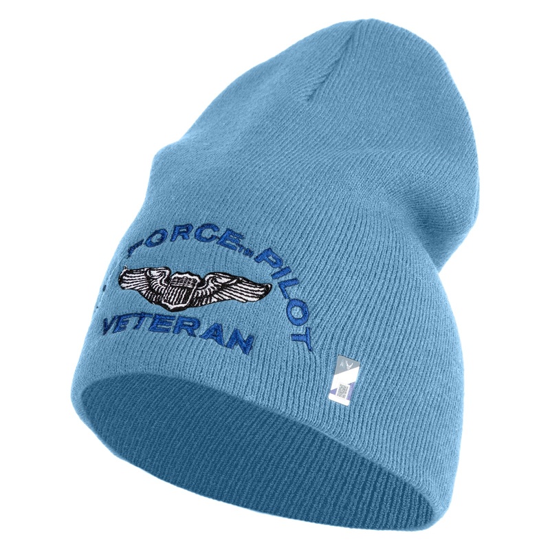 Air Force Pilot Veteran Symbol Embroidered 8 Inch Solid Knit Short Beanie Made in USA Carolina Blue One Size
