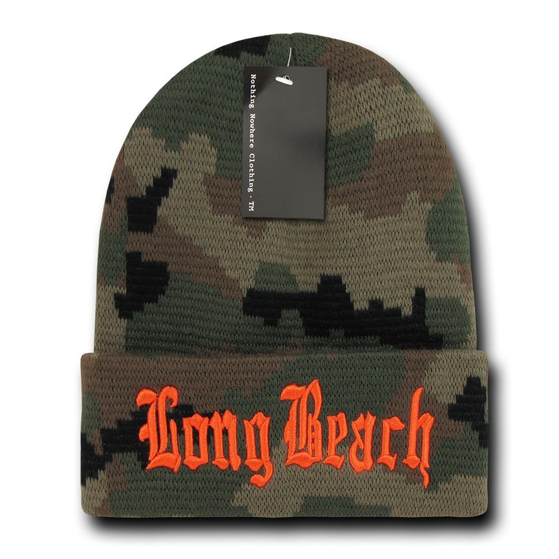 Long Beach City Beanie Knit Cap, Camo/Orange Camo/Orange