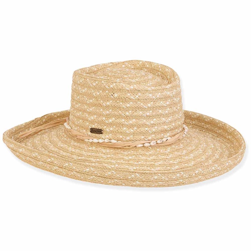 Two Tone Wide Brim Gambler Hat with Shells Accent – Sun ‘N’ Sand Natural Medium (57 cm)