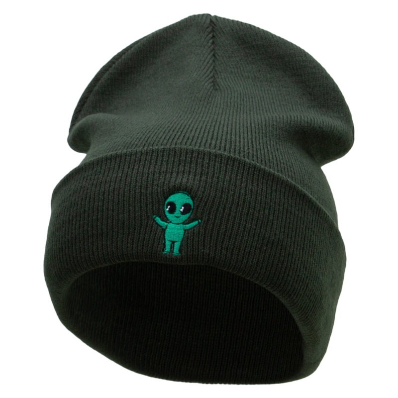 Alien Baby Embroidered 12 Inch Long Knitted Beanie Olive One Size