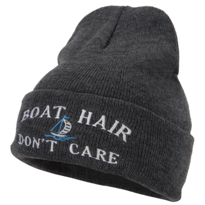 Boat Hair Don’t Care Embroidered 12 Inch Long Knitted Beanie Dk Grey One Size