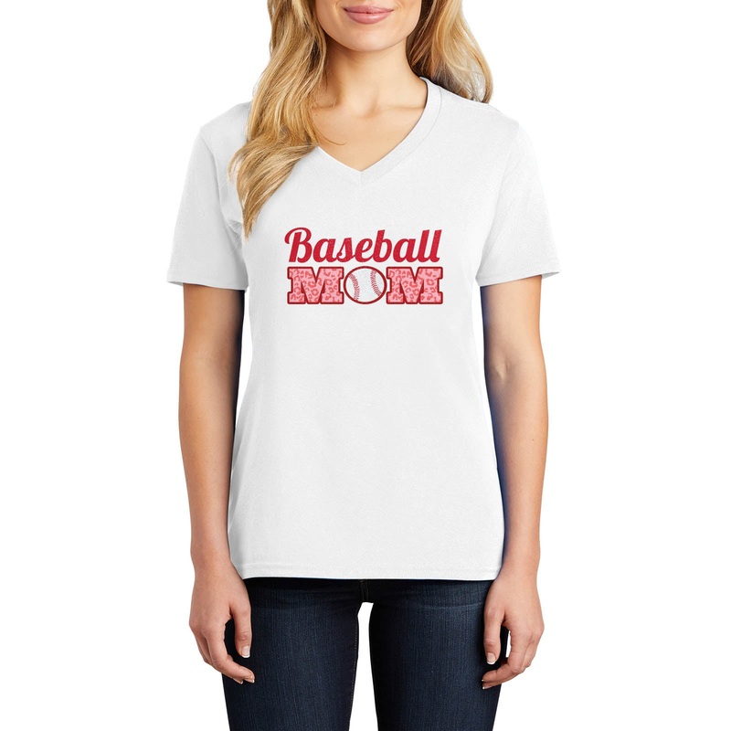 Cheetah Baseball Mom Graphic Design Ladies V-Neck White XS