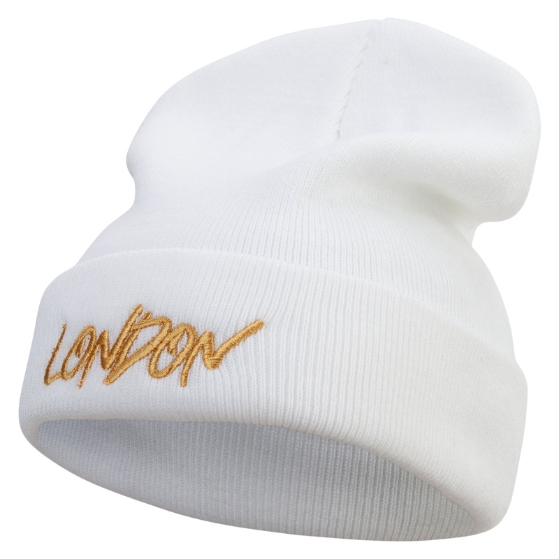 London Script Embroidered 12 Inch Long Knitted Beanie White One Size