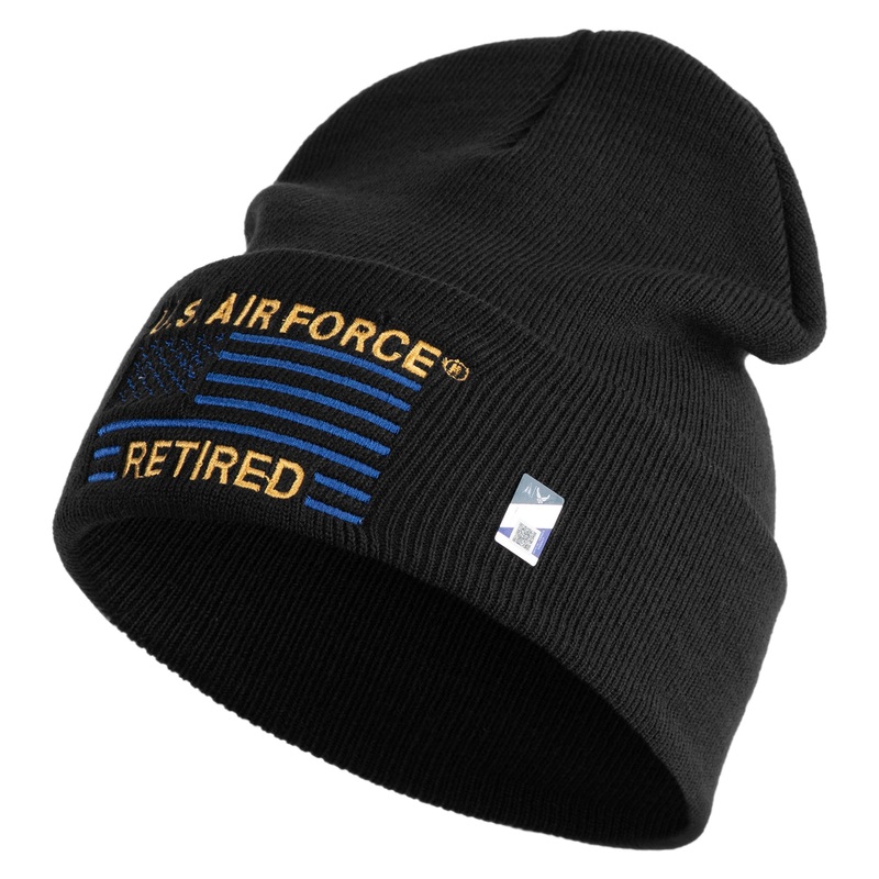 US Air Force Retired with Flag Logo Embroidered 12 Inch Solid Knit Cuff Long Beanie Made in USA Black One Size