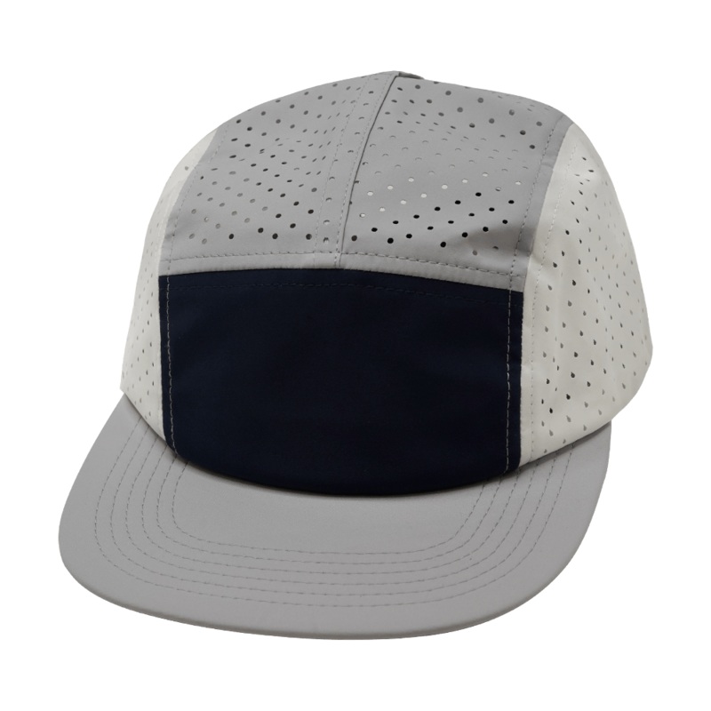 Blank – 5 Panel – Sporty – Unstructured – Pony Tail – Gray / Navy / White (Unisex) – Laser Mesh