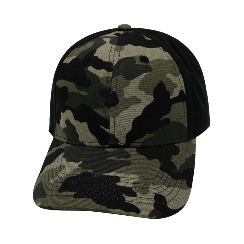 Blank – 6 Panel – Shallow Fit – Pony Tail – Light Camo / Black (Unisex) – Laser Mesh