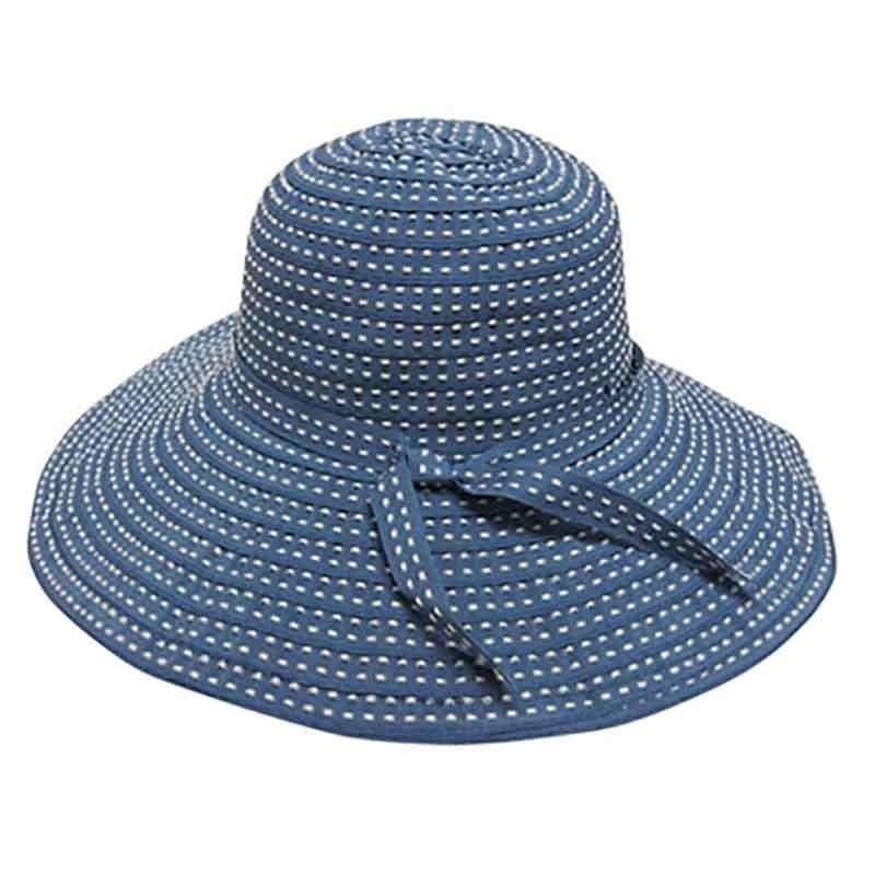 Embroidered Ribbon Wide Brim Sun Hat Blue Medium (57 cm)