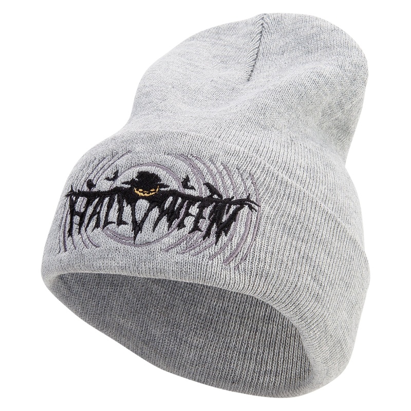 Halloween Pumpkin Ghost Embroidered 12 Inch Long Knitted Beanie Heather Grey One Size
