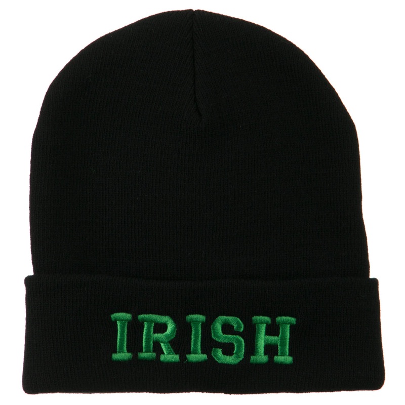 Irish Embroidered Cuff Long Beanie Black One Size