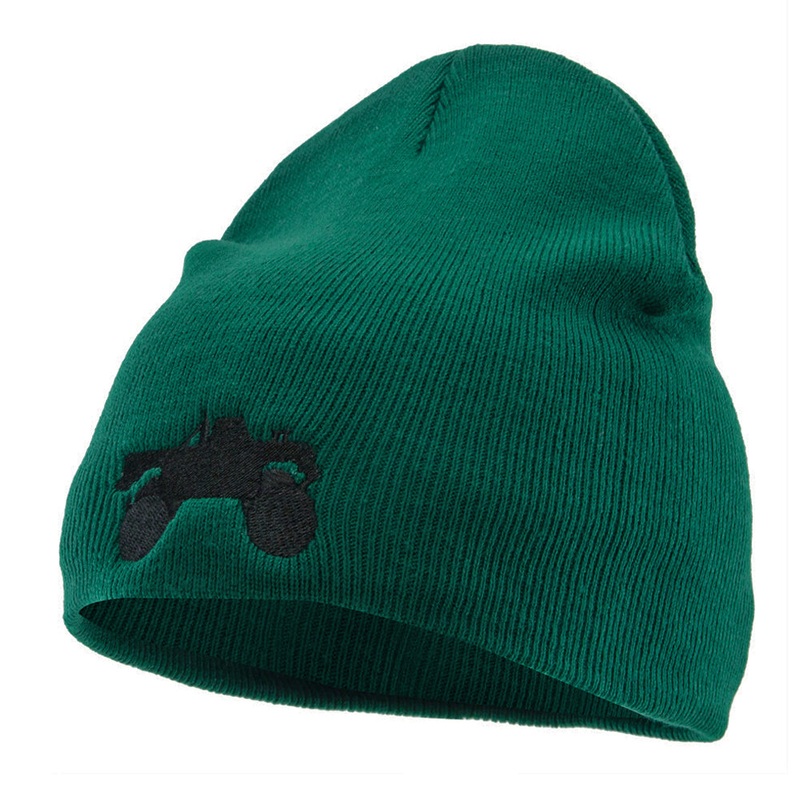 Monster Truck Embroidered 8 Inch Knitted Short Beanie Dark Green One Size
