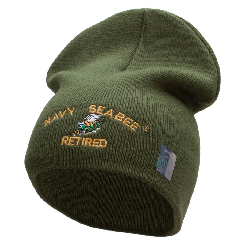 Navy Seabee Retired Embroidered Short Beanie Made in USA Olive One Size