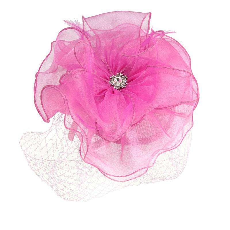 Rhinestone Gem Center Fascinator with Netting Veil Pink