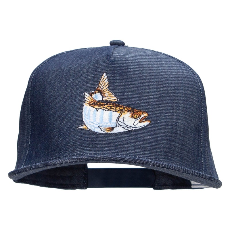 Striped Trout Fish Patched 5 Panel Flat Bill Snapback Cap Denim Navy One Size