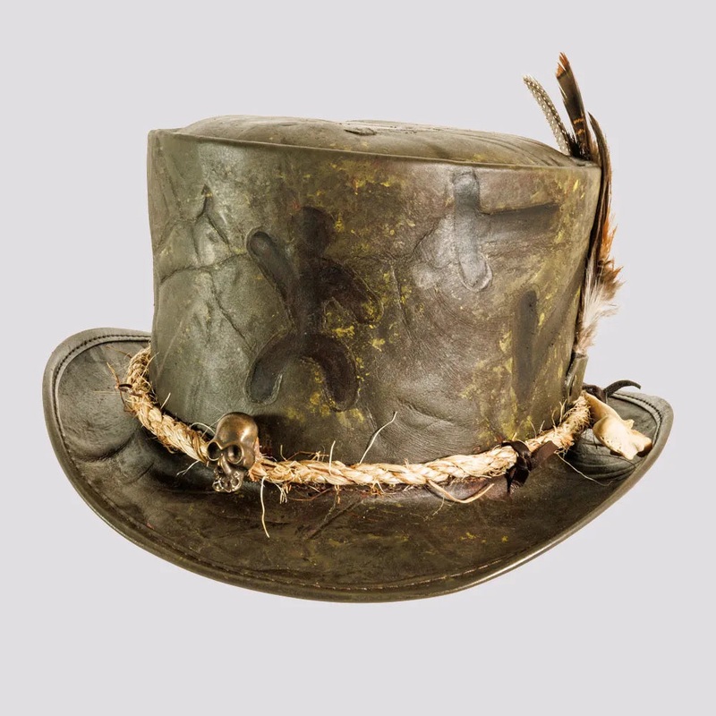 Wiccan | Mens Distressed Leather Top Hat with Skull Bone Hat Band Branded SM