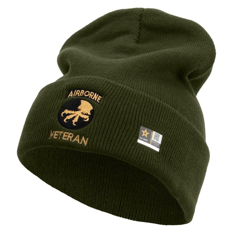 17th Airborne Division Veteran Embroidered 12 Inch Long Knitted Beanie Olive One Size