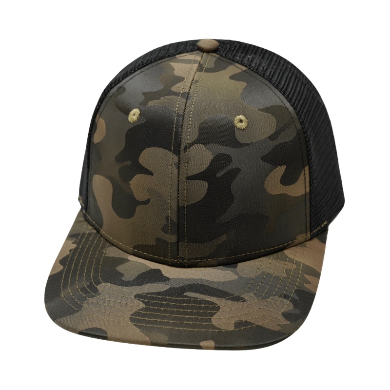 Blank – 6 Panel – Tan Camo / Black (Unisex) – Trucker Mesh
