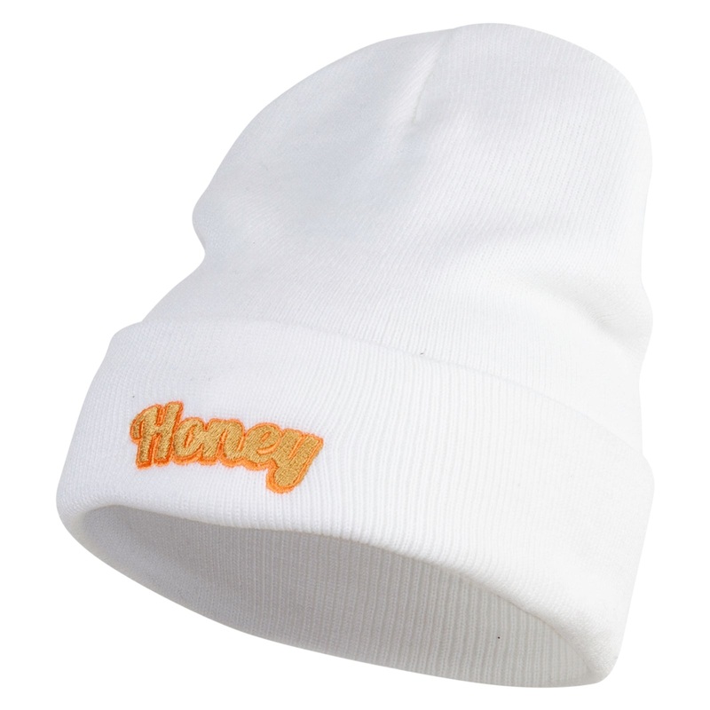 Honey Embroidered 12 Inch Long Knitted Beanie White One Size