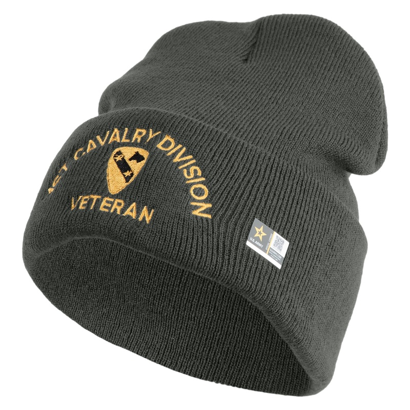 U.S. Army 1st Cavalry Division Logo Embroidered 12 Inch Solid Knit Cuff Long Beanie Made in USA Charcoal One Size