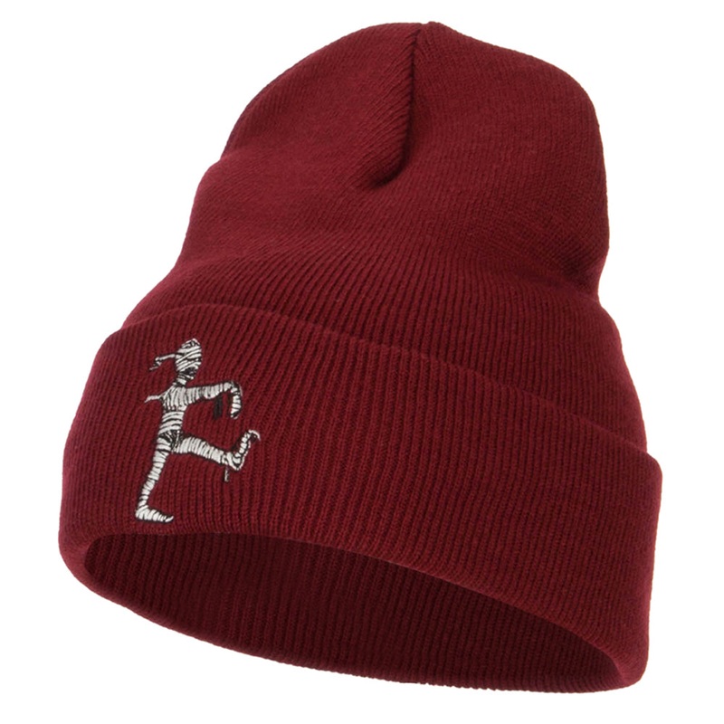 Walking Mummy Embroidered Long Beanie Maroon One Size