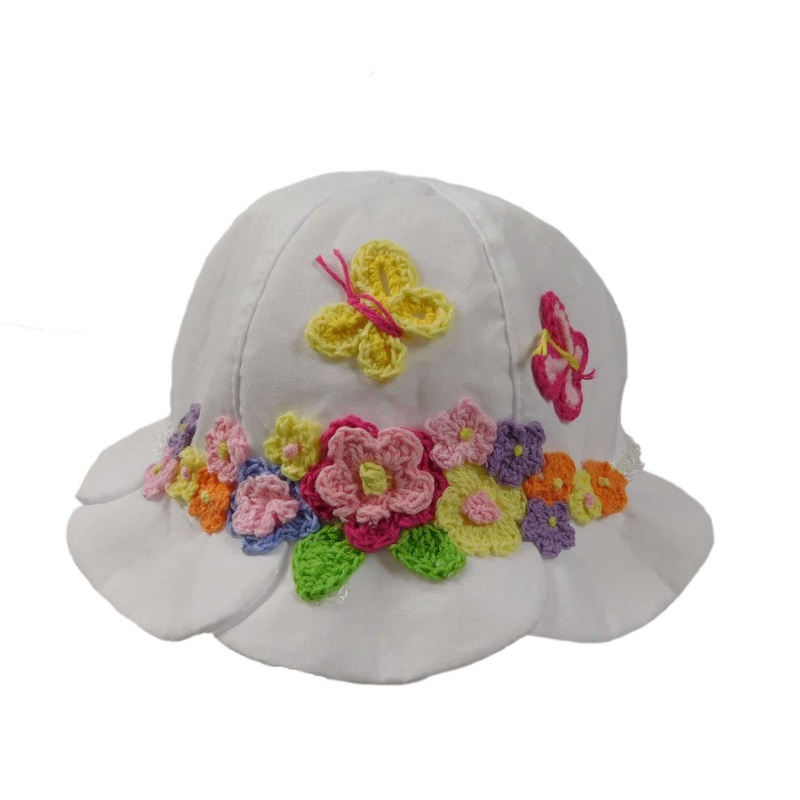 White Summer Hat with Crochet Flowers 6-12mos
