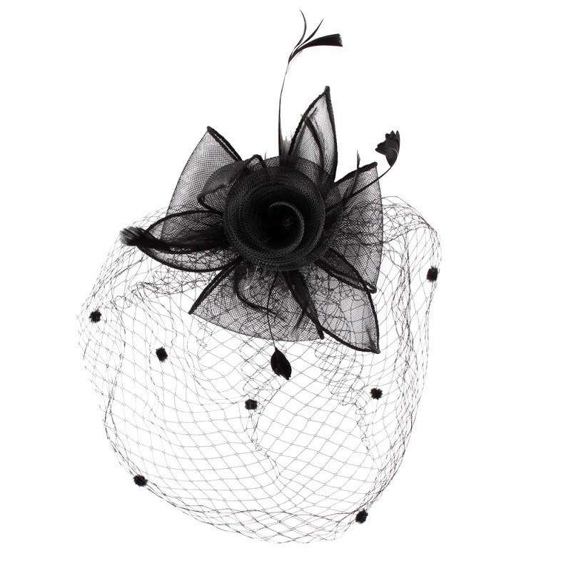 Mesh Flower and Dotted Veil Fascinator Black
