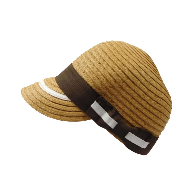 Small Straw Brim Cap with Ribbon Band and Bow by JSA for Women Brown