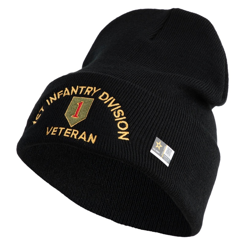 U.S. Army 1st Infantry Division Logo Embroidered 12 Inch Solid Knit Cuff Long Beanie Made in USA Black One Size