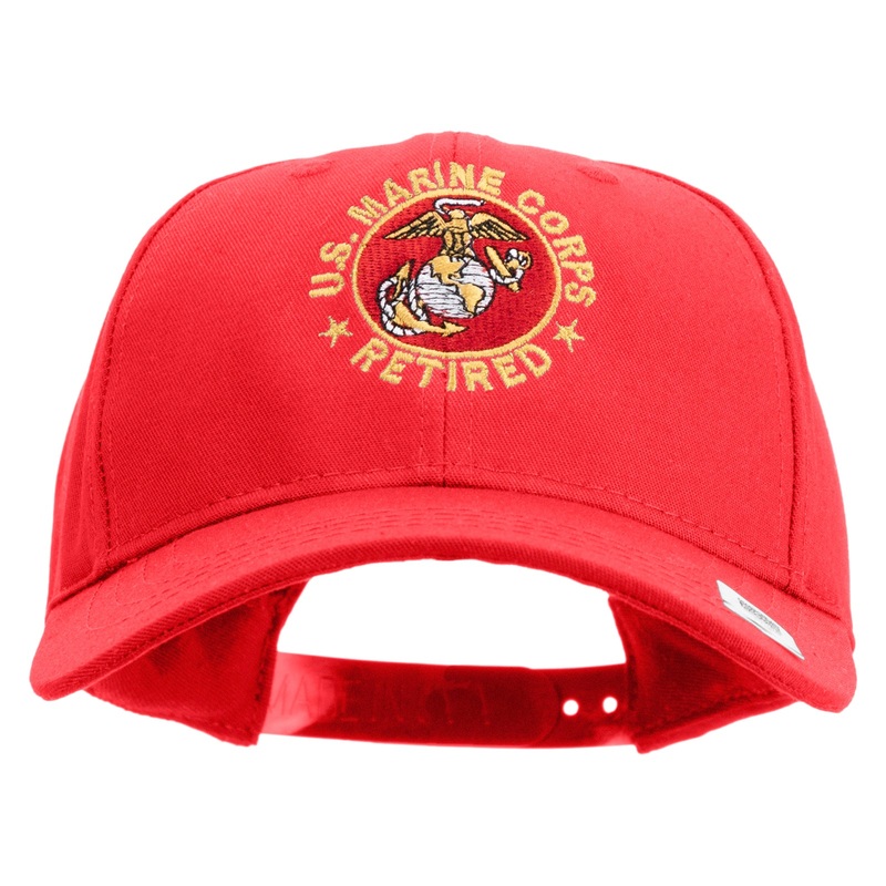 US Marine Corps Retired Emblem Embroidered 6 Panel Structured Cotton Twill Cap Made in USA Red One Size