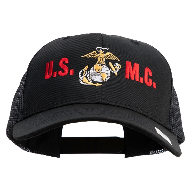 USMC Design Embroidered 6 Panel Structured Cotton Twill Mesh Cap Made in USA Black One Size