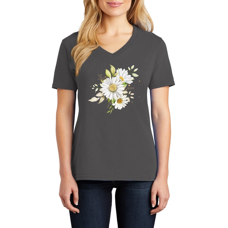 Water Color Daisy Graphic Design Ladies Big Size Core Cotton V neck T-Shirt Charcoal XS