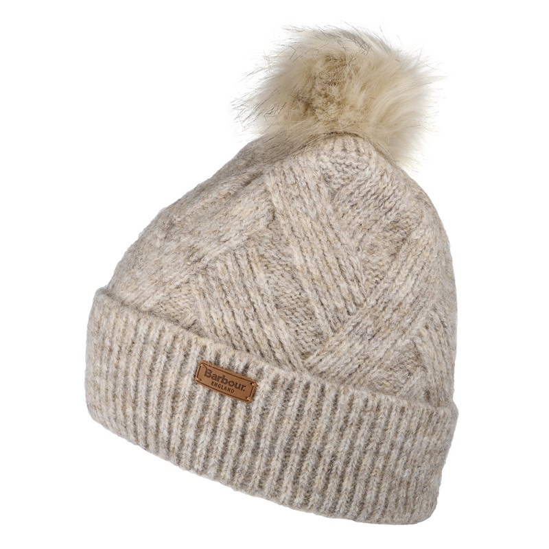 Barbour Hats Dace Cable Knit Faux Fur Pom Bobble Hat – Sand 1-Size