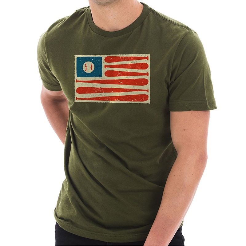 Baseball American Flag Graphic Design Combed Cotton Short Sleeve T-shirt Army Green XS