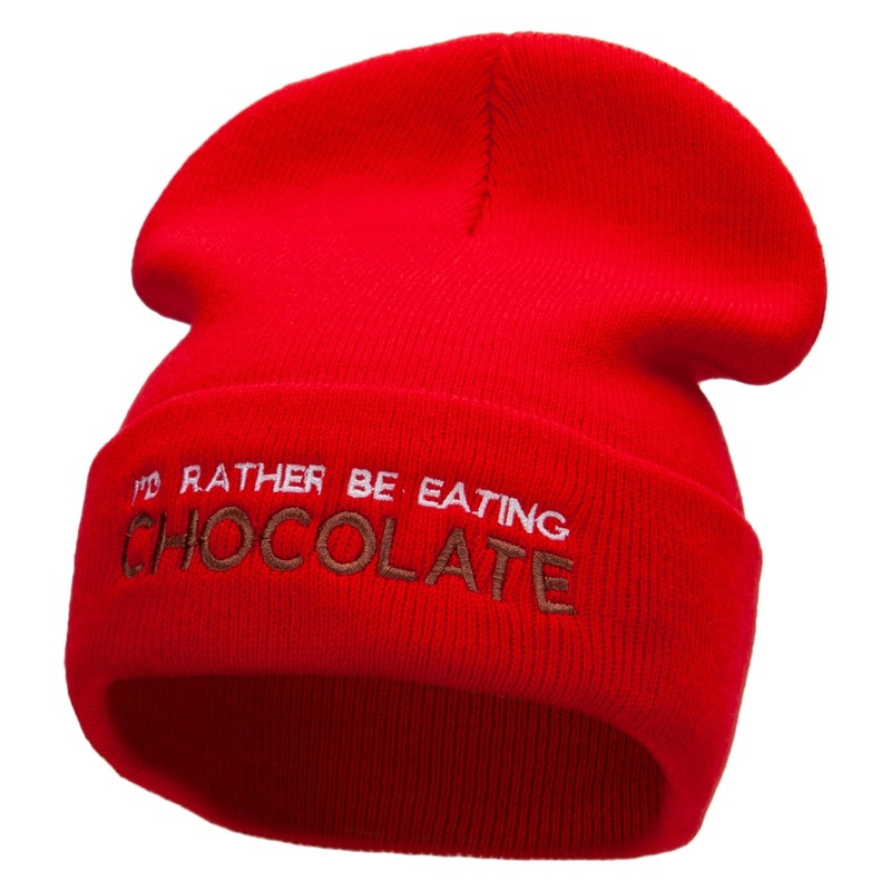 I Rather Be Eating Chocolate Embroidered 12 Inch Long Knitted Beanie Red One Size