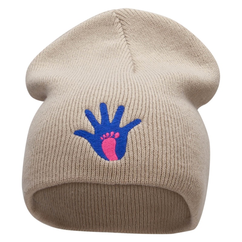 Made in USA Dad Hand and Baby Foot Embroidered 8 Inch Short Beanie Stone One Size