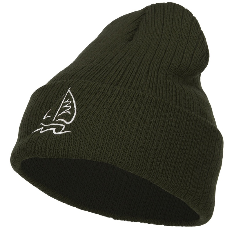 Sailboat Embroidered Heavy Ribbed Long Beanie Olive One Size