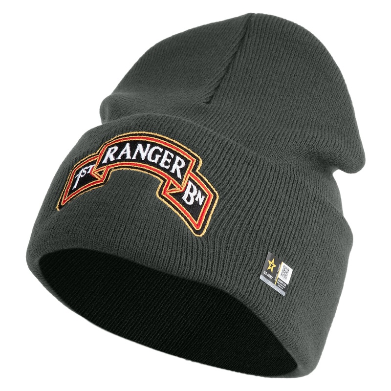 U.S. Army 1st Ranger Battalion Logo Embroidered 12 Inch Solid Knit Cuff Long Beanie Made in USA Graphite One Size