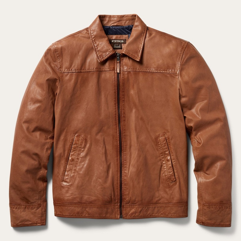 Zip-Front Lightweight Leather Jacket Brown S