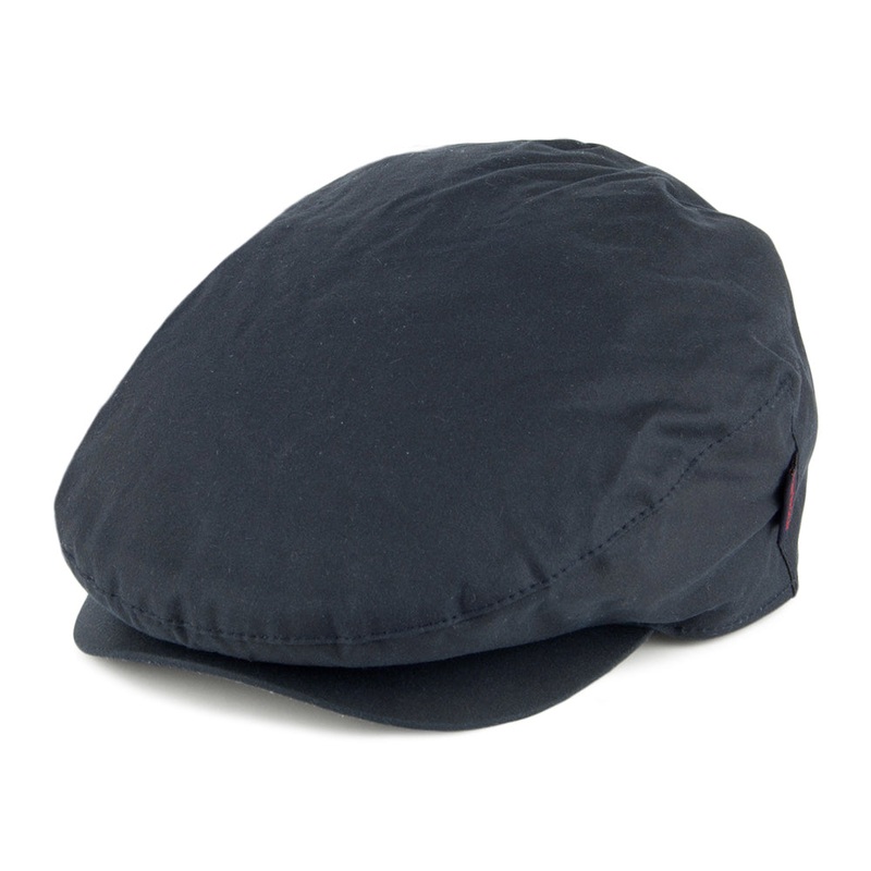Barbour Hats Cheviot Waxed Cotton Flat Cap with Tartan Earflaps – Navy Blue S