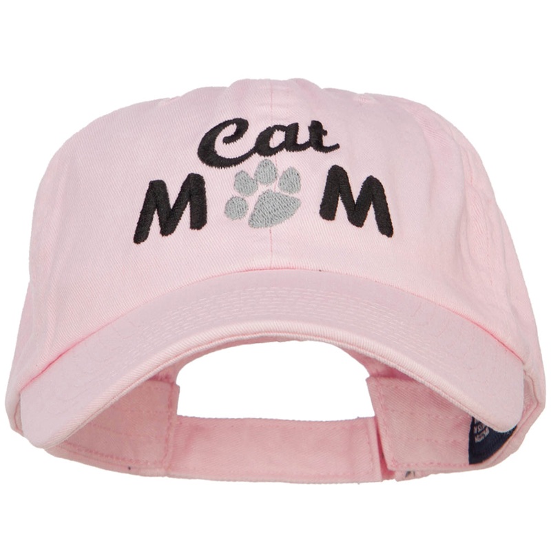 Cat Mom Words with Paw Embroidered Cotton Cap Lt Pink One Size