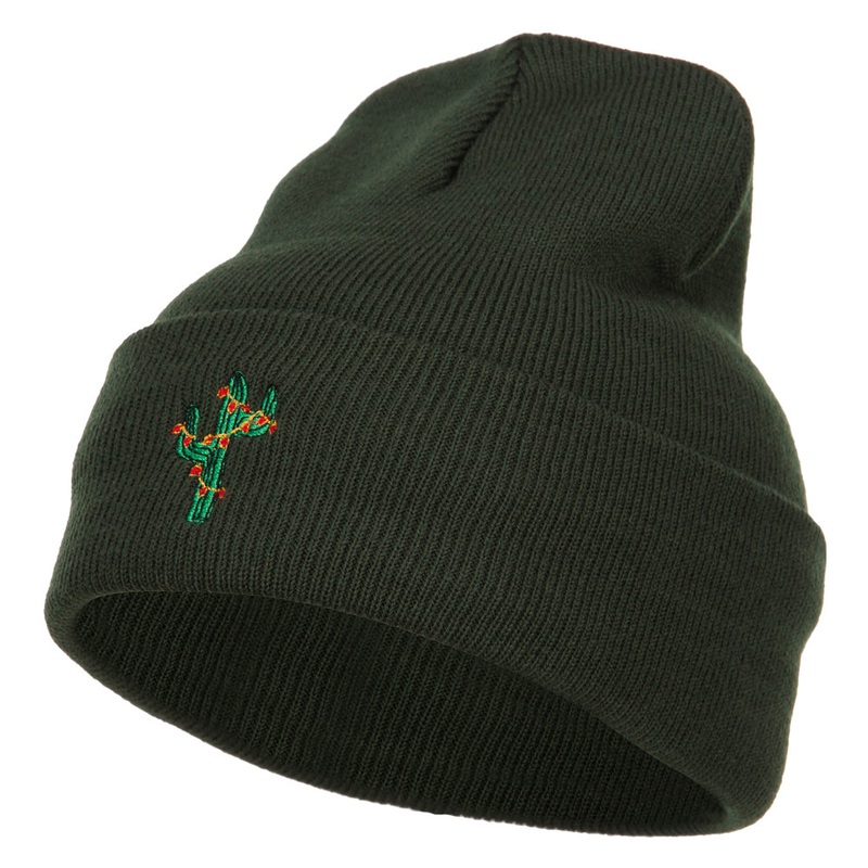 Christmas Cactus Embroidered Long Beanie Olive One Size